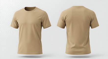 Men's beige crew neck t-shirt template, front and back view. Isolated on transparent background, png