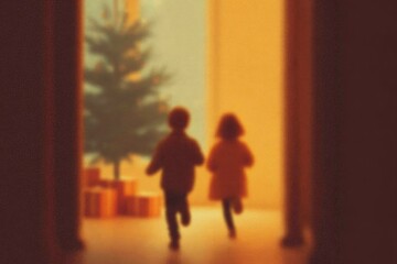 Children running towards festive tree, warm light illuminating joyful scene