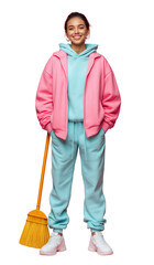 Young woman smiling holding broom ready cleaning