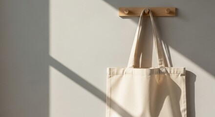 Natural canvas tote bag hanging on a wooden peg rack with sunlight shadows on a light gray wall canvas bag