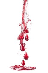 Red liquid pouring with drops and splash on transparent background