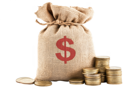 Burlap money bag with dollar symbol and coins isolated on a transparent background