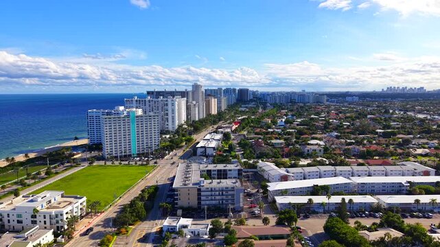 Galt Ocean Mile row of condos on the beach. Aerial drone footage Lauderdale by the Sea Fort Lauderdale Florida