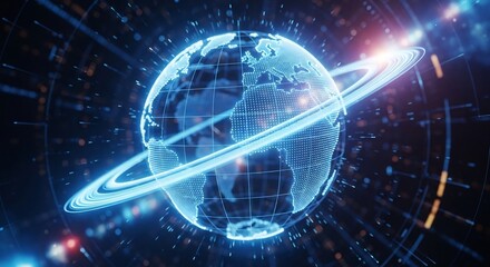 Obraz premium Futuristic earth concept featuring global technology network. Ideal for digital transformation, global communication, internet, data visualization and innovation themes.