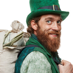 Smiling leprechaun carrying money bag on st. Patrick's day with transparent background