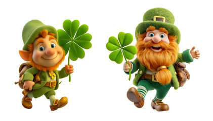Two cartoon leprechauns holding lucky four-leaf clovers