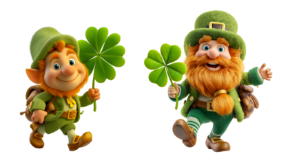 Two cartoon leprechauns holding lucky four-leaf clovers