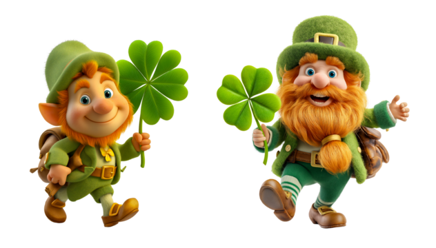 Two cartoon leprechauns holding lucky four-leaf clovers - Powered by Adobe