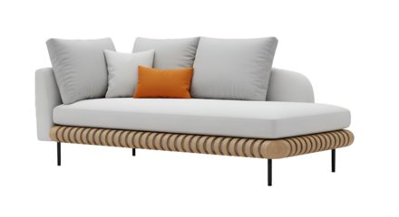 Modern White Chaise Lounge with Wood Base and Orange Accent Pillow