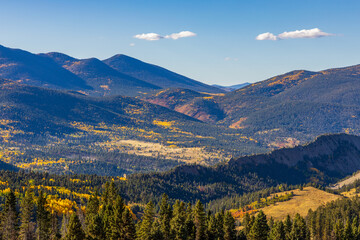 Scenic fall foliage landscape alongside the Highway of Legends National Scenic Byway, going from Walsenburg to Trinidad in Colorado
