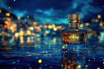 A bottle of perfume on the water surface with lights shining in blue and yellow tones against the city night scenes and blurred background creating a luxury high end texture