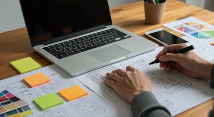 designer sketching website layouts in cozy workspace with laptop and colorful sticky notes