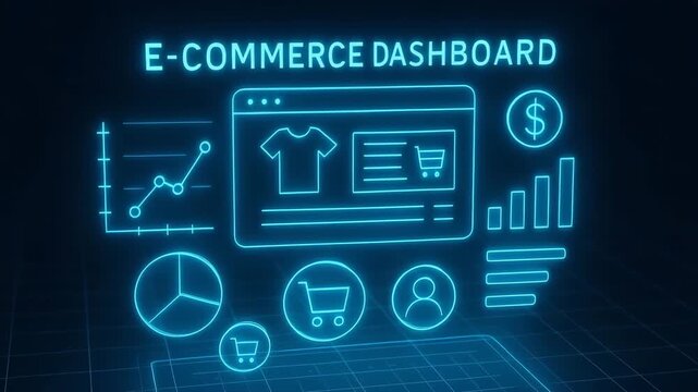 Futuristic e-commerce dashboard displaying analytics, sales data, and shopping cart icons in a digital environment.