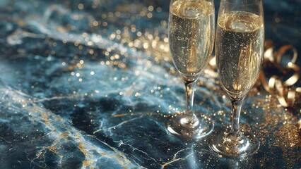 Two champagne flutes with sparkling wine on a blue marble surface, lit by warm golden light. Concept Champagne flutes, Sparkling wine, Blue marble surface, Golden hour lighting, Elegant flat lay