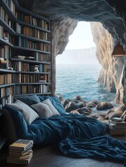 A cozy reading nook in a cave overlooking the sea with rocks and waves outside featuring bookshelves filled with books and blue bedding on the floor