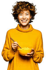 Happy young woman eating instant noodles with chopsticks