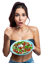 Woman eating fresh salad, surprised by healthy food