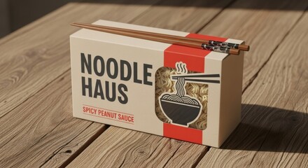 Noodle Haus spicy peanut sauce instant ramen box with chopsticks on wooden table instant noodles noodle box