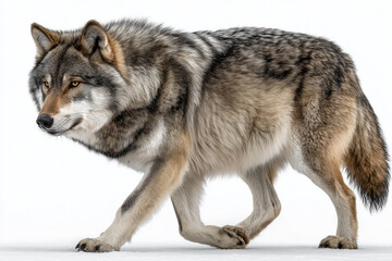 Obraz premium Wolf walking gracefully in side profile on a snowy landscape