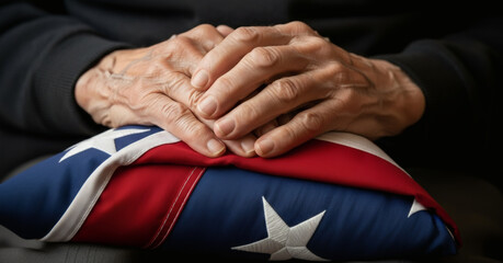 A solemn display of enduring patriotism, as aged hands respectfully hold a meticulously folded American flag, honoring sacrifice and national heritage