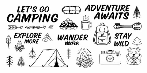 Let s go camping adventure awaits explore more wander more stay wild hand drawn elements