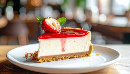 Delicious cheesecake slice with strawberry and caramel topping served on a white plate in a cozy cafe setting. Soft blurred background creates a warm, inviting dessert scene