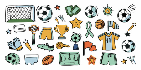 Collection of hand drawn soccer football elements and sports icons for game day celebration