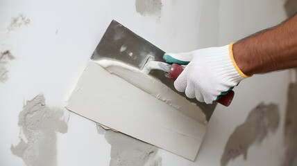 Achieve smooth walls with expert plastering services for your next home renovation project featuring a gloved worker applying compound with a trowel.