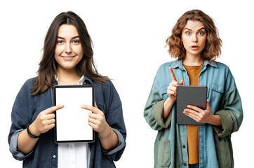 Young women presenting digital tablets with blank screen