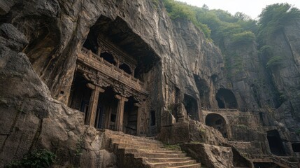 Ancient Rock-Cut Cave Temples Surrounded by Lush Greenery and Granite Cliffs in Daylight