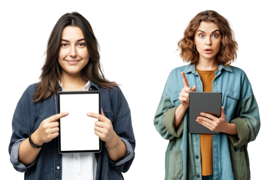 Young women presenting digital tablets with blank screen