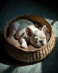 Cute French Bulldog Puppy Sleeping Peacefully in a Cozy Woven Basket on a Soft Surface