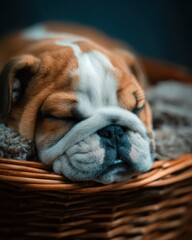 Adorable Bulldog Puppy Sleeping Peacefully in a Cozy Woven Basket Bedding