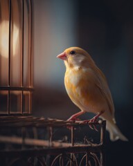 Vibrant Yellow Bird Perched on a Vintage Birdcage with Soft Glowing Background
