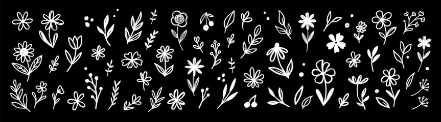 Hand drawn floral brush vector illustration with abstract leaves and flowers