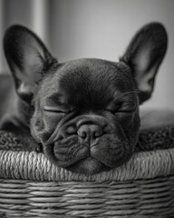 Cute French Bulldog Puppy Sleeping Peacefully in Cozy Basket in Black and White Photography