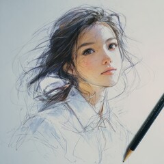 Soft Sketch of a Young Woman with Flowing Hair and Thoughtful Expression on Light Background