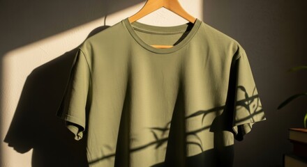 Olive green t shirt hanging on wooden hanger with dappled sunlight and plant shadows khaki clothing