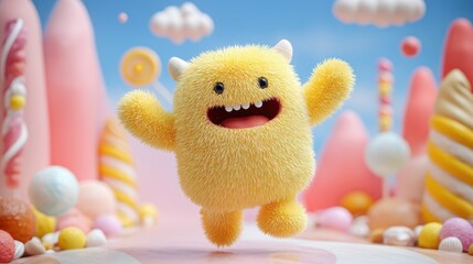 A cheerful, yellow, fluffy monster with horns and a big smile, surrounded by colorful, candy-like structures and a whimsical, pastel-colored background.