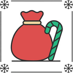 Minimalist Christmas Gift Sack Icon – Red Bag with Candy Cane and Snowflake Accents