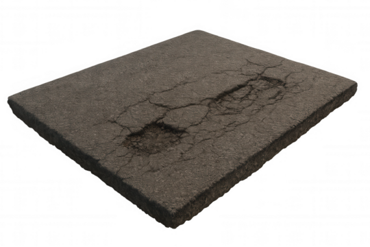 Asphalt road section showing damage, cracks, and a pothole. Representing infrastructure issues and maintenance concept on transparent background - Powered by Adobe