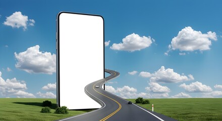 "Road Leading to Giant Smartphone in Open Landscape"
