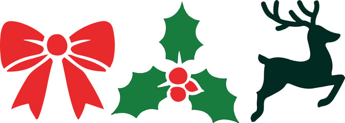 Minimalist Holiday Icons – Bow, Holly, and Reindeer Silhouette for Christmas Design