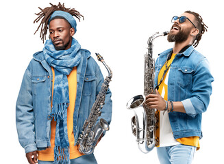 Diverse saxophone players performing jazz music, transparent background