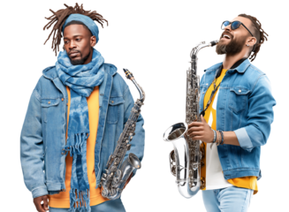 Diverse saxophone players performing jazz music, transparent background