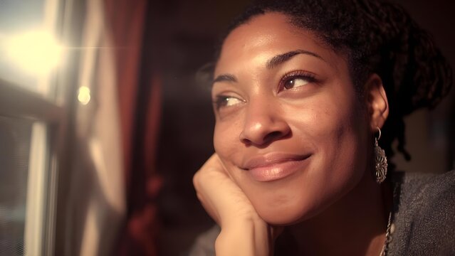 A woman rests her chin on her hand, gazing out a sunlit window with a soft, warm smile. Concept Sunlit Window Portrait, Soft Warm Light, Contemplative Mood, Indoor Portrait, Gentle Smile