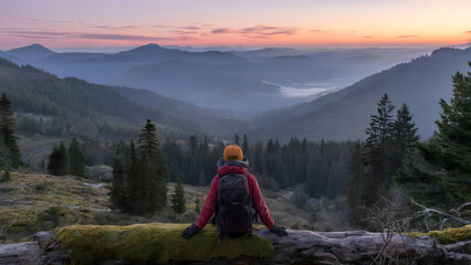 Fototapeta premium Hiker Relaxing on Moss-Covered Log with Breathtaking View of Distant Mountains and Misty Valley - adventure pause