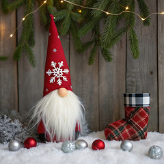 Obraz premium Festive christmas gnome with snowflake hat and tartan stocking on snowy wood background