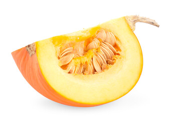 Piece of ripe pumpkin with seeds isolated on white