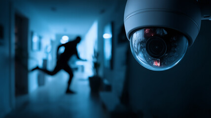 Dome camera observing a hallway with a fleeing intruder, representing crime prevention, real time detection, and the deterrent strength of modern surveillance systems.
